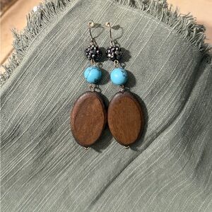 Turquoise Bead & Wood Oval Dangle Earrings | Handmade Style | Costume Jewelry